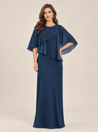 Dusty Blue Cape Sleeve Mother of the Bride Dress with Asymmetrical Overlay
