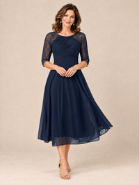 Dusty Blue Tea-Length Mother of the Bride Dress with Lace 3/4 Sleeves