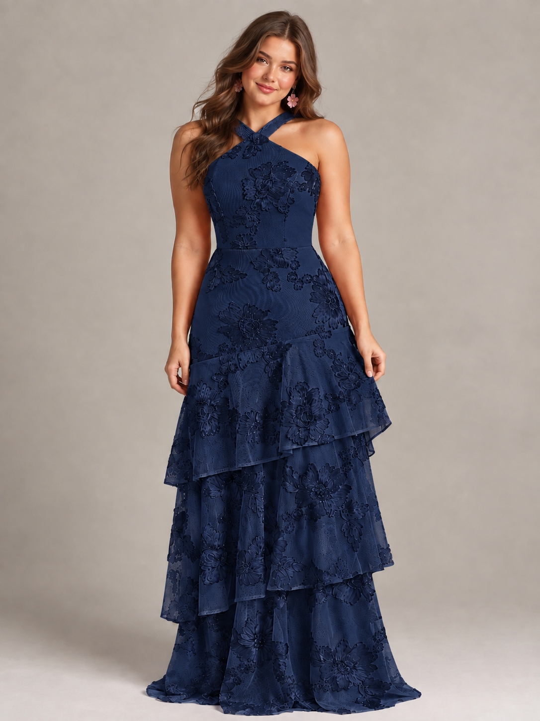 Hot Pink Halter Floral Applique Maxi Dress