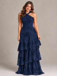 Hot Pink Halter Floral Applique Maxi Dress
