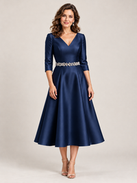 Light Blue V-Neck Tea-Length Mother of the Bride Dress with Embellished Waist