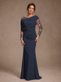 Dusty Rose Illusion Long Sleeve Chiffon Applique Mother of The Bride Dress