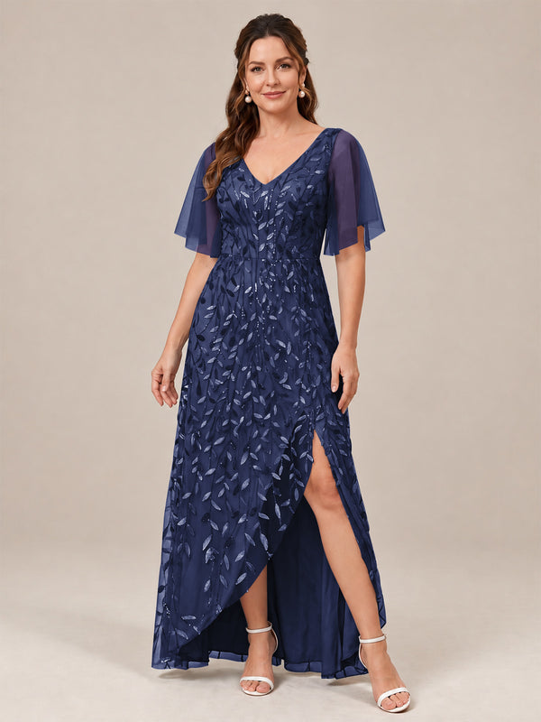 Navy Blue V-Neck Sequin Mother of the Bride Dress with Flutter Sleeves