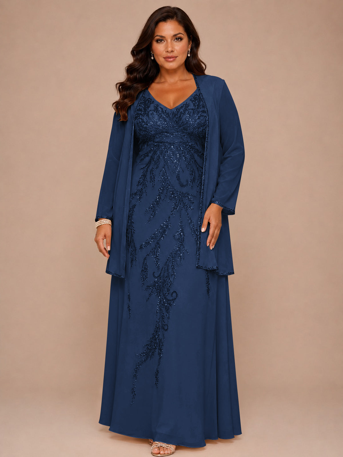 Champagne Beaded Chiffon Mother of the Bride Dress with Jacket V-Neck Gown