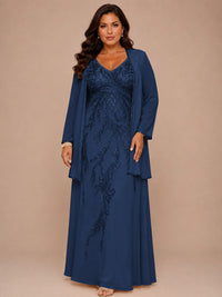 Champagne Beaded Chiffon Mother of the Bride Dress with Jacket V-Neck Gown