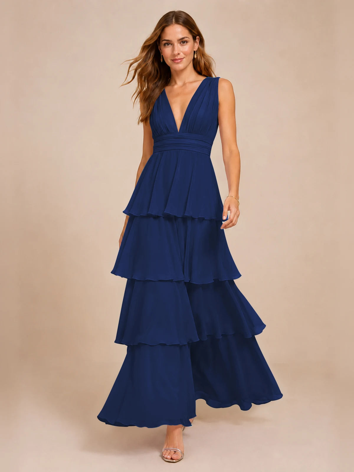 Elegant Deep V Neck Chiffon Bridesmaid Dress with Tiered Ruffles