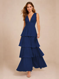 Elegant Deep V Neck Chiffon Bridesmaid Dress with Tiered Ruffles