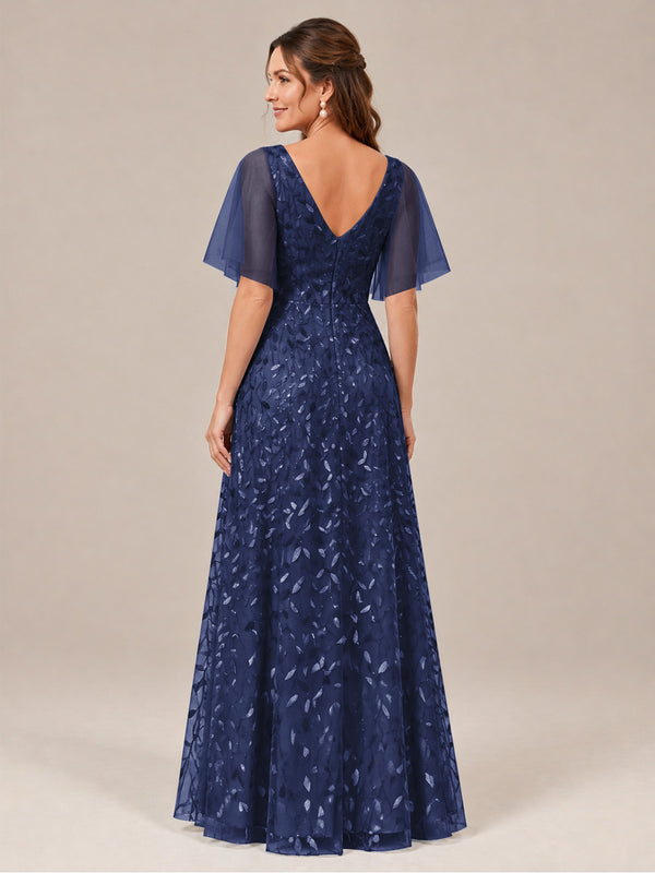 V-Neck Sequin Mother of the Bride Dress with Flutter Sleeves