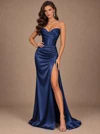 Dusty Blue Strapless Lace Corset Prom Dress with High Slit