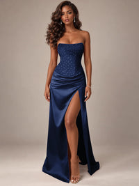 Burgundy Strapless Sparkly Corset Prom Dress with High Slit