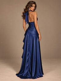Burgundy Halter Deep V-Neck Ruched High Slit Ruffle Prom Dress