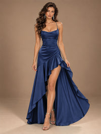 Burgundy Spaghetti Strap Ruched Prom Dress with Ruffled High Slit