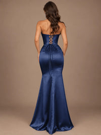 Dusty Blue Strapless Lace Corset Prom Dress with High Slit