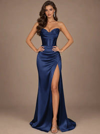 Dusty Blue Strapless Lace Corset Prom Dress with High Slit