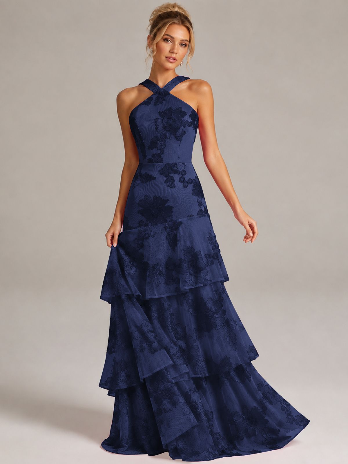 Tiered Ruffles Halter Floral Applique Prom Dress
