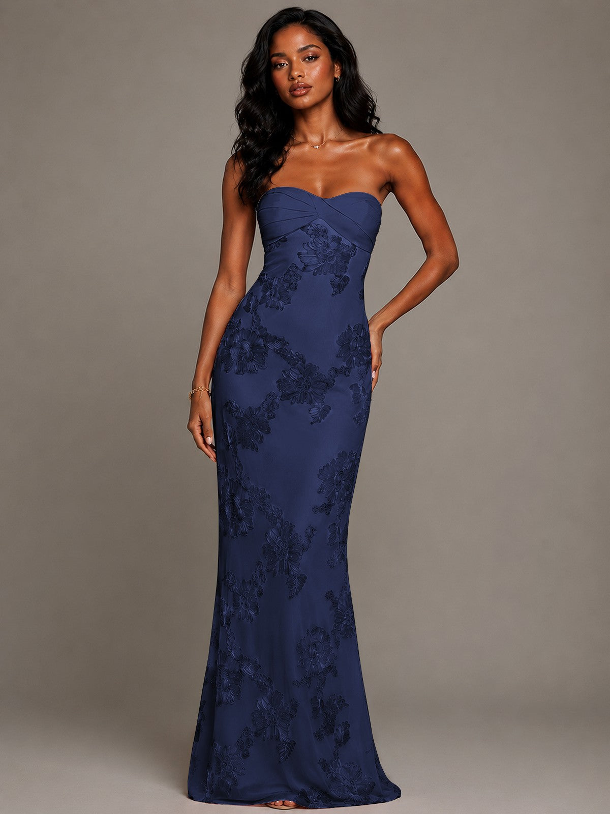 Strapless Floral Applique Mermaid Prom Dress