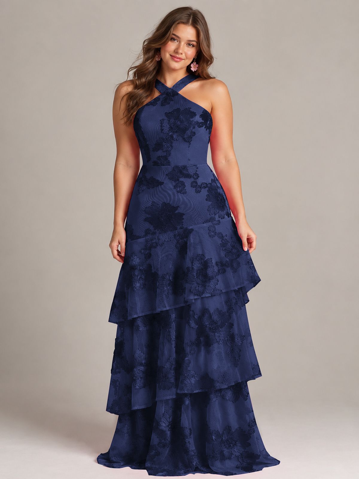 Tiered Ruffles Halter Floral Applique Prom Dress