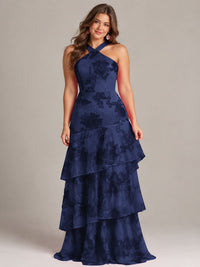 Tiered Ruffles Halter Floral Applique Prom Dress