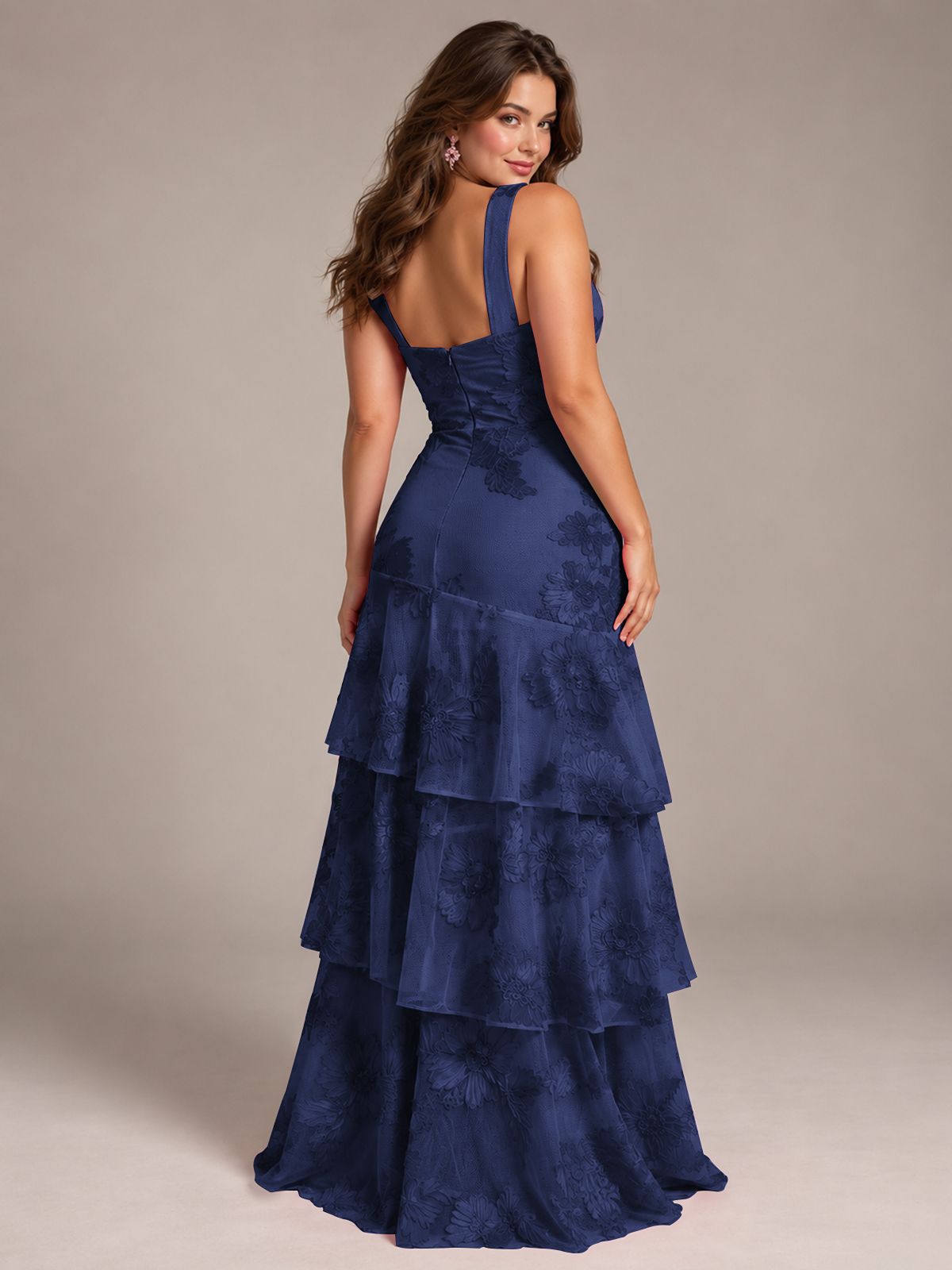 Tiered Ruffles Halter Floral Applique Prom Dress