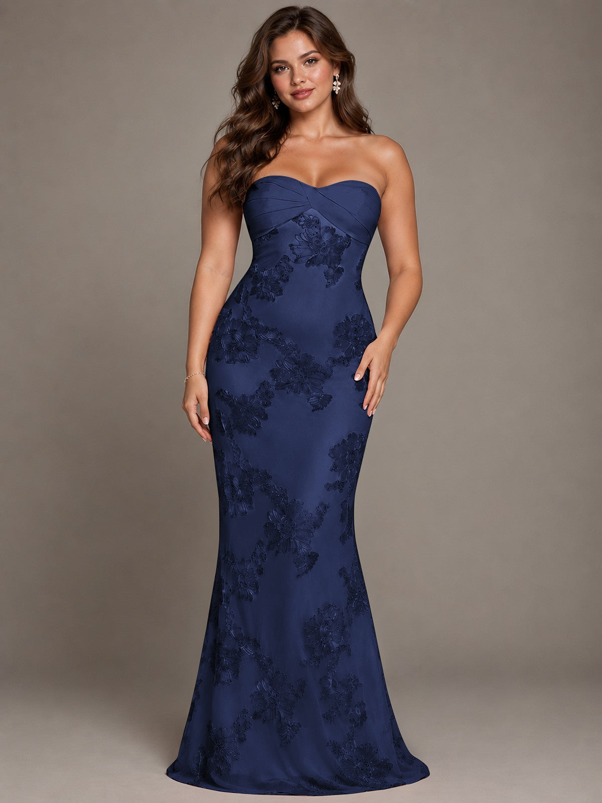 Strapless Floral Applique Mermaid Prom Dress