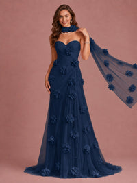 Blush Pink Strapless Sweetheart 3D Floral Tulle Mermaid Prom Dress