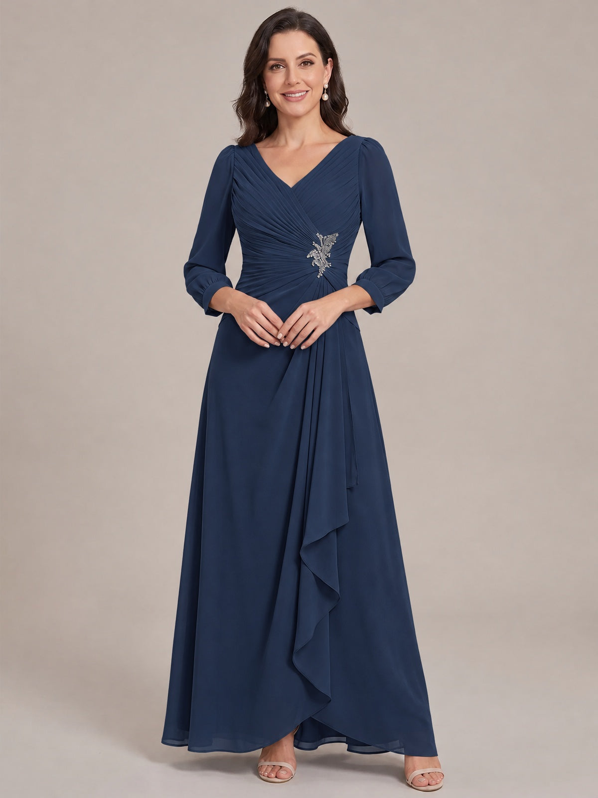 Navy Blue-Long Sleeve Chiffon Beaded Mother of The Bride Dresses for Women