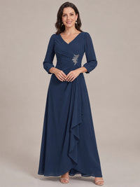 Navy Blue-Long Sleeve Chiffon Beaded Mother of The Bride Dresses for Women
