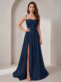 Navy Blue Sparkly Cowl Neck Corset Long Prom Dress with Slit A-line Tulle Ball Gown Formal Evning Party Dress