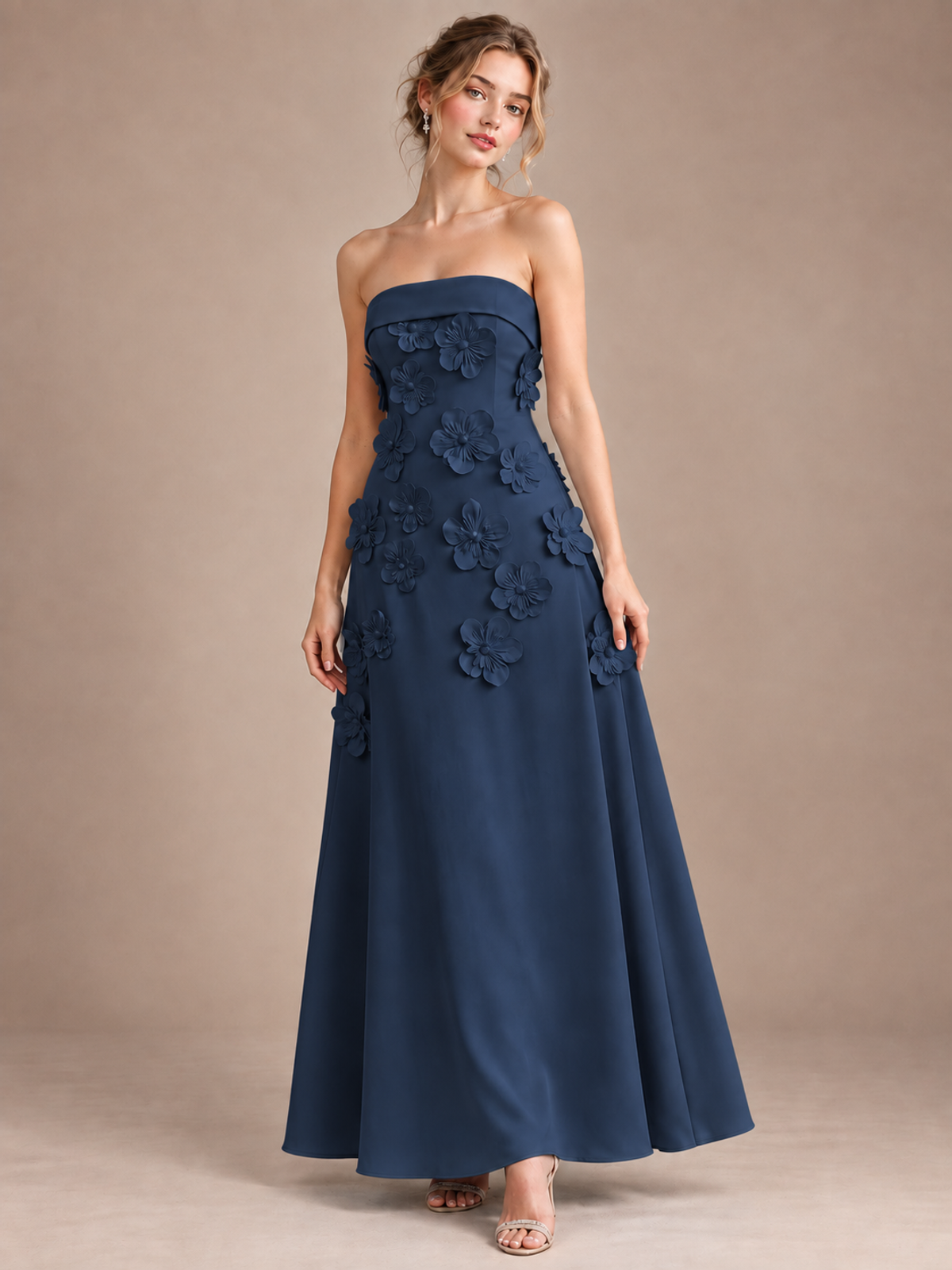 Navy Blue Strapless 3D Floral Appliques Maxi Dress