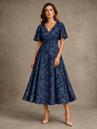 V-Neck Floral Jacquard Tea-Length Mother of the Bride Dress