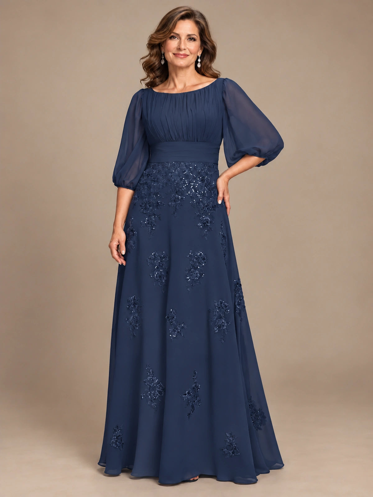 A-Line Mother of the Bride Dress with Sheer Puff Sleeves