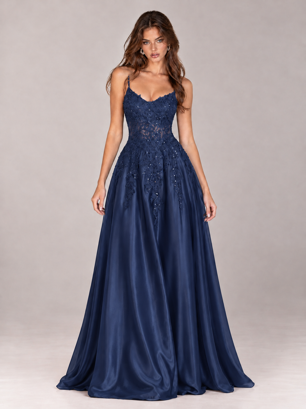 Lace Applique Satin A-Line Prom Dress with Sheer Bodice