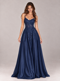 Lace Applique Satin A-Line Prom Dress with Sheer Bodice