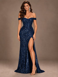 Off the Shoulder Corset Sequin Mermaid Prom Dress with Slit