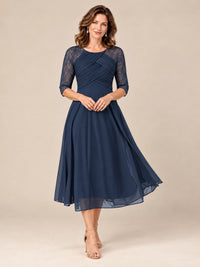 Navy Blue-Lace Applique Pleated Tea Length Mother of The Bride Dresses