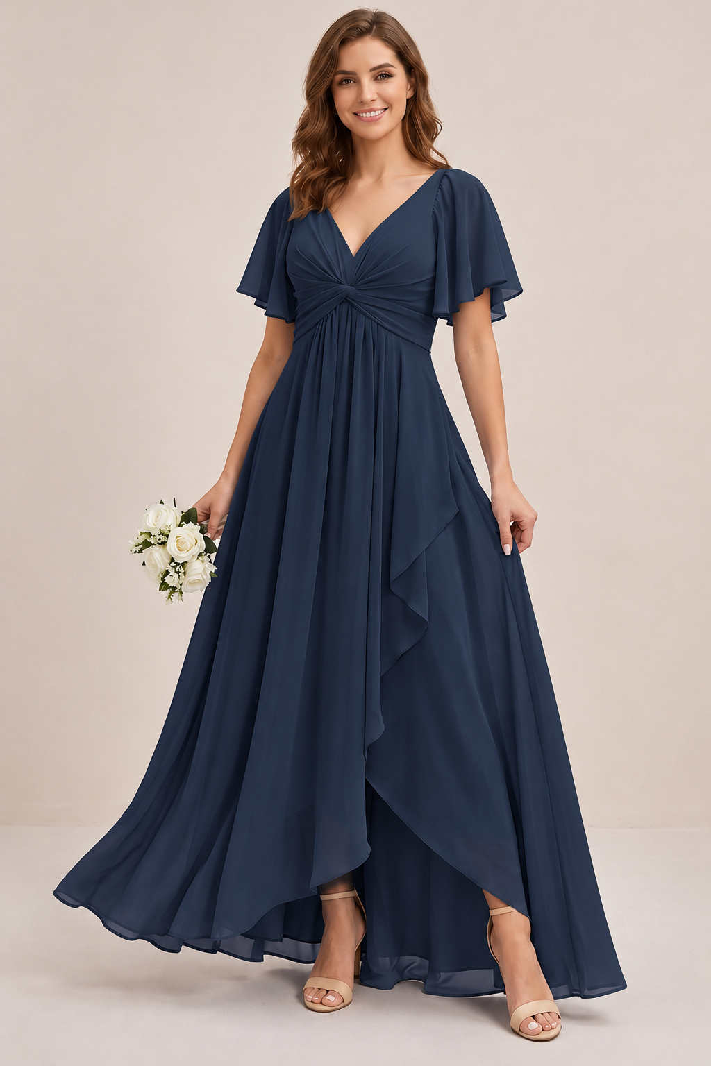 Dusty Blue Chiffon Bridesmaid Dress with Flutter Sleeves & High-Low Hem