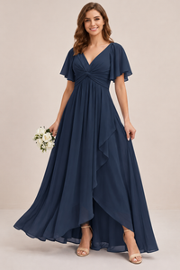Dusty Blue Chiffon Bridesmaid Dress with Flutter Sleeves & High-Low Hem