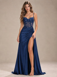 Mermaid Satin Prom Dress with Floral Appliqué Corset and High Slit