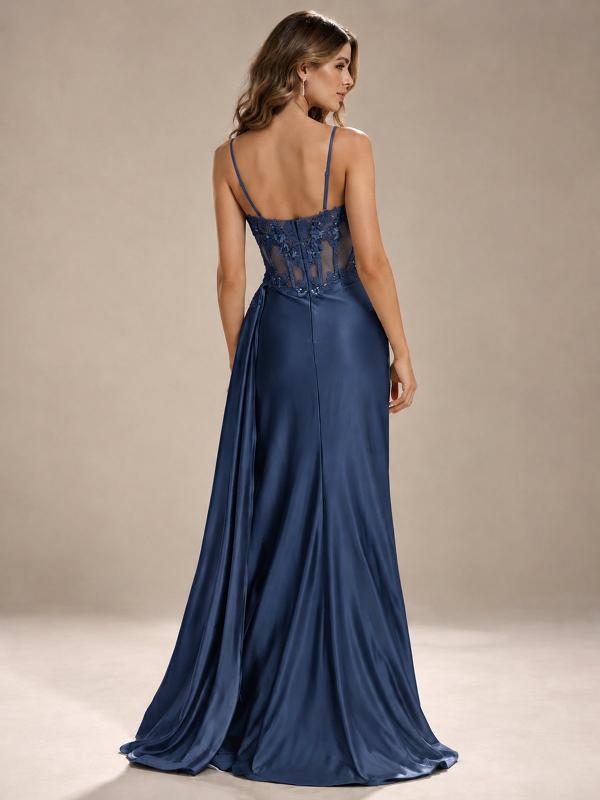 Mermaid Satin Prom Dress with Floral Appliqué Corset and High Slit