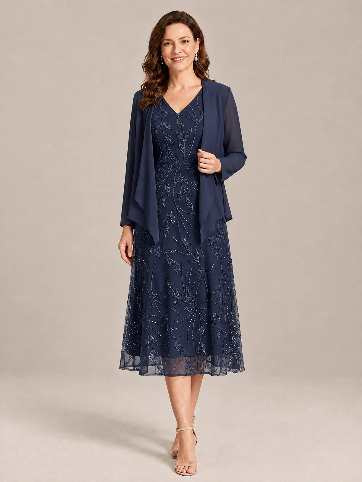 Navy Blue-2 Piece Lace Appliques Chiffon Mother of The Bride Dress with Sequin
