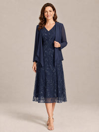 Navy Blue-2 Piece Lace Appliques Chiffon Mother of The Bride Dress with Sequin