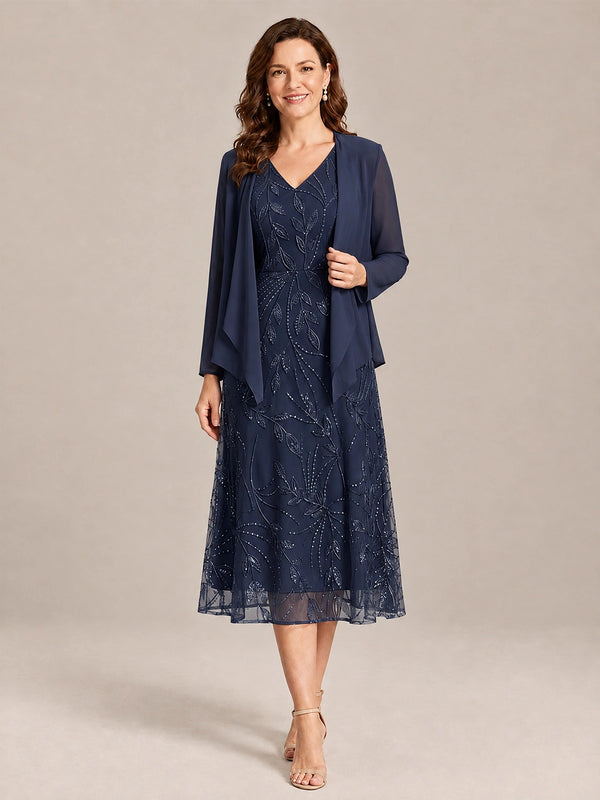 Navy Blue-2 Piece Lace Appliques Chiffon Mother of The Bride Dress with Sequin