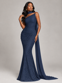 Pleated Chiffon Lace Prom Dresses Long Bodycon Mermaid with Scarf