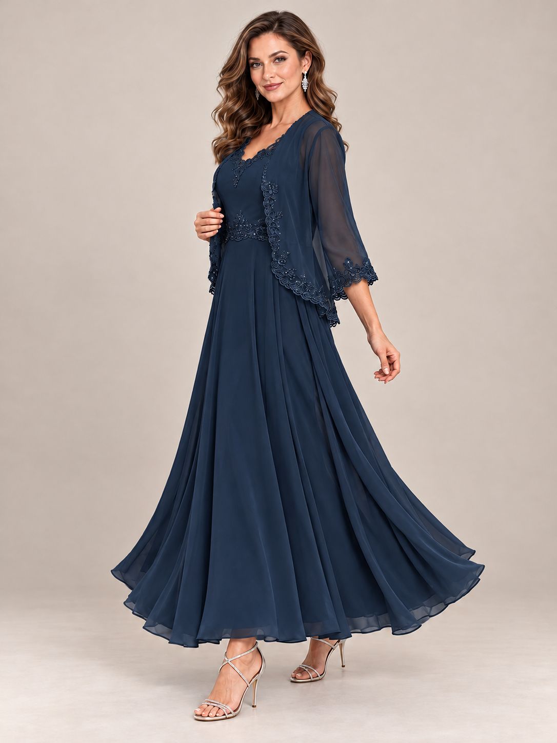 Dusty Blue Floral Lace Chiffon Mother of the Bride Dress with Jacket