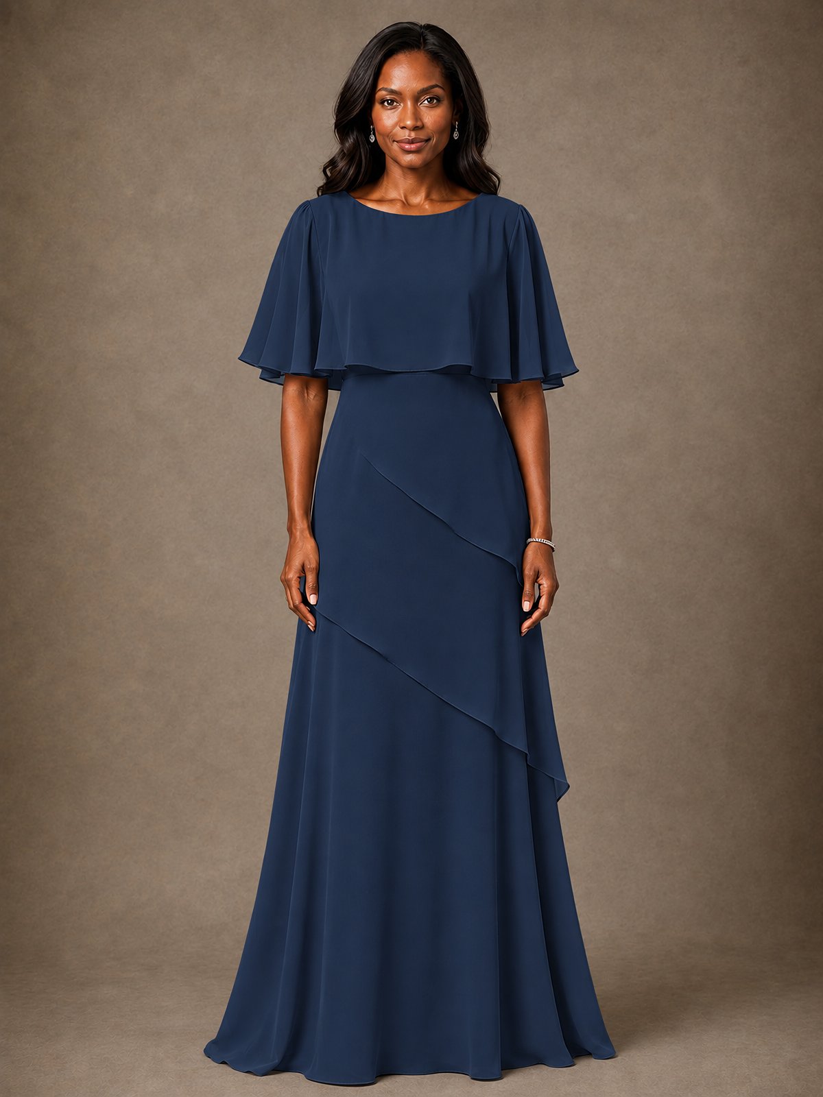 Taupe Chiffon A-Line Mother of the Bride Dress with Cape Sleeves