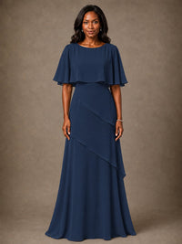 Taupe Chiffon A-Line Mother of the Bride Dress with Cape Sleeves