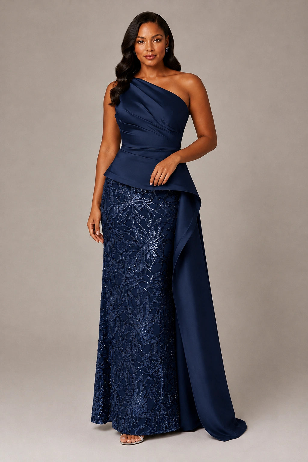 One-Shoulder Mother of the Bride Dress with Sequin Skirt and Peplum