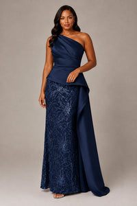 One-Shoulder Mother of the Bride Dress with Sequin Skirt and Peplum
