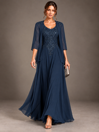 A-line 2 Pieces Chiffon Appliques Mother of The Bride Dresses with Jackets