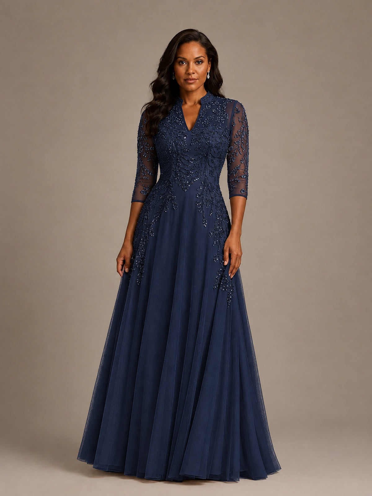 Embellished Appliques Mother of the Bride Dress with 3/4 Sleeves